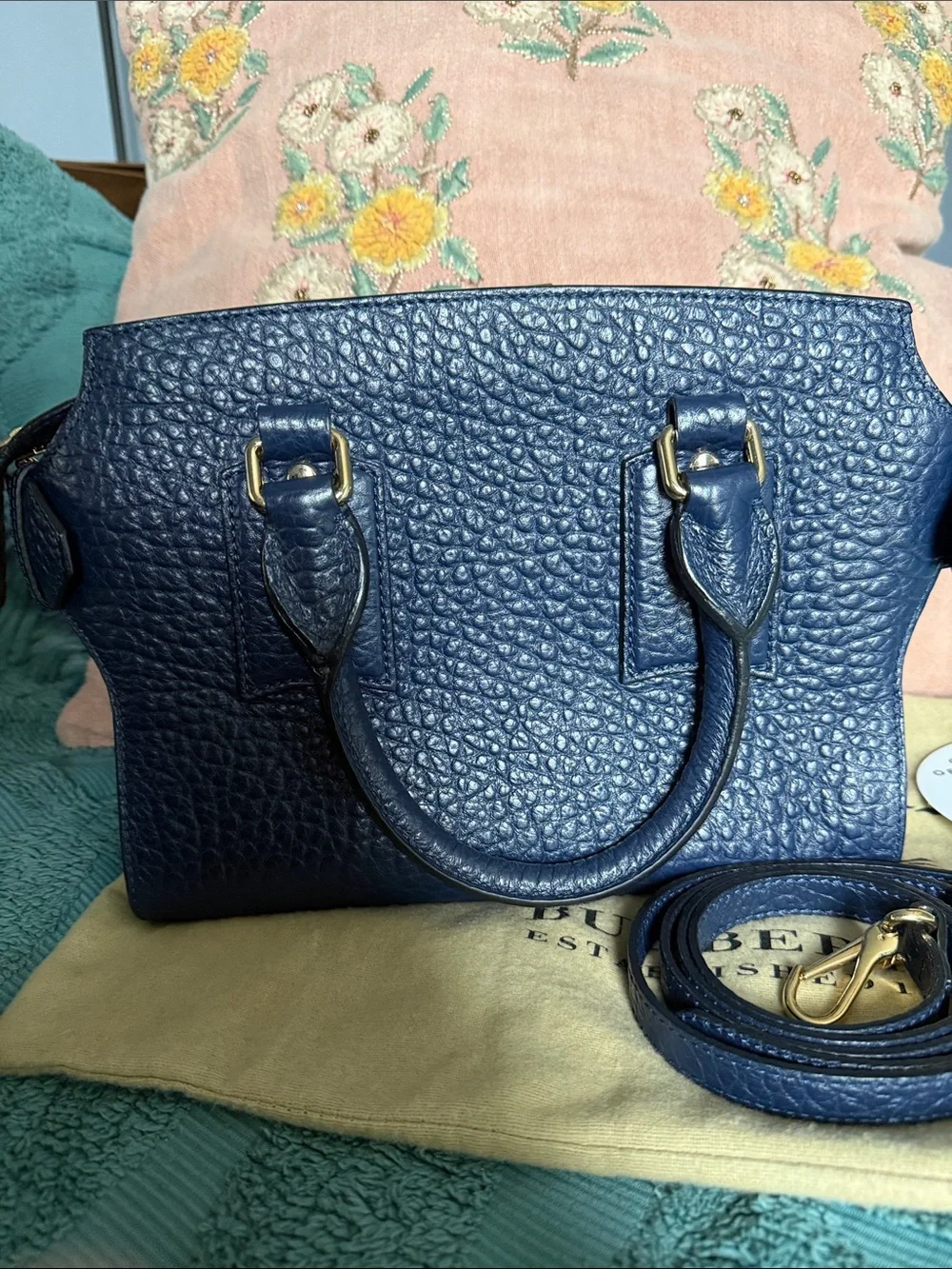 Burberry Navy Textured Leather Mini Satchel with Gold Hardware